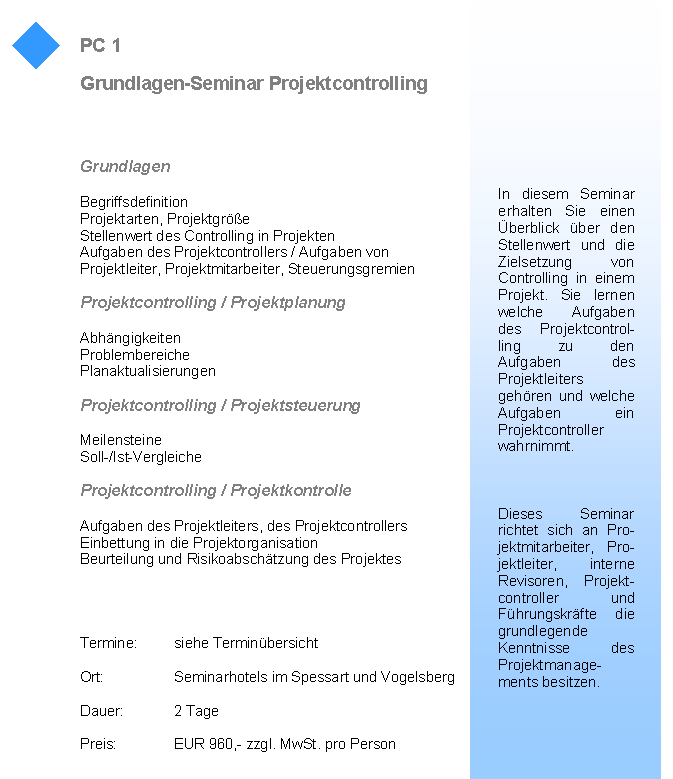 Semiarbeschreibung Projektcontrolling Grundlagen